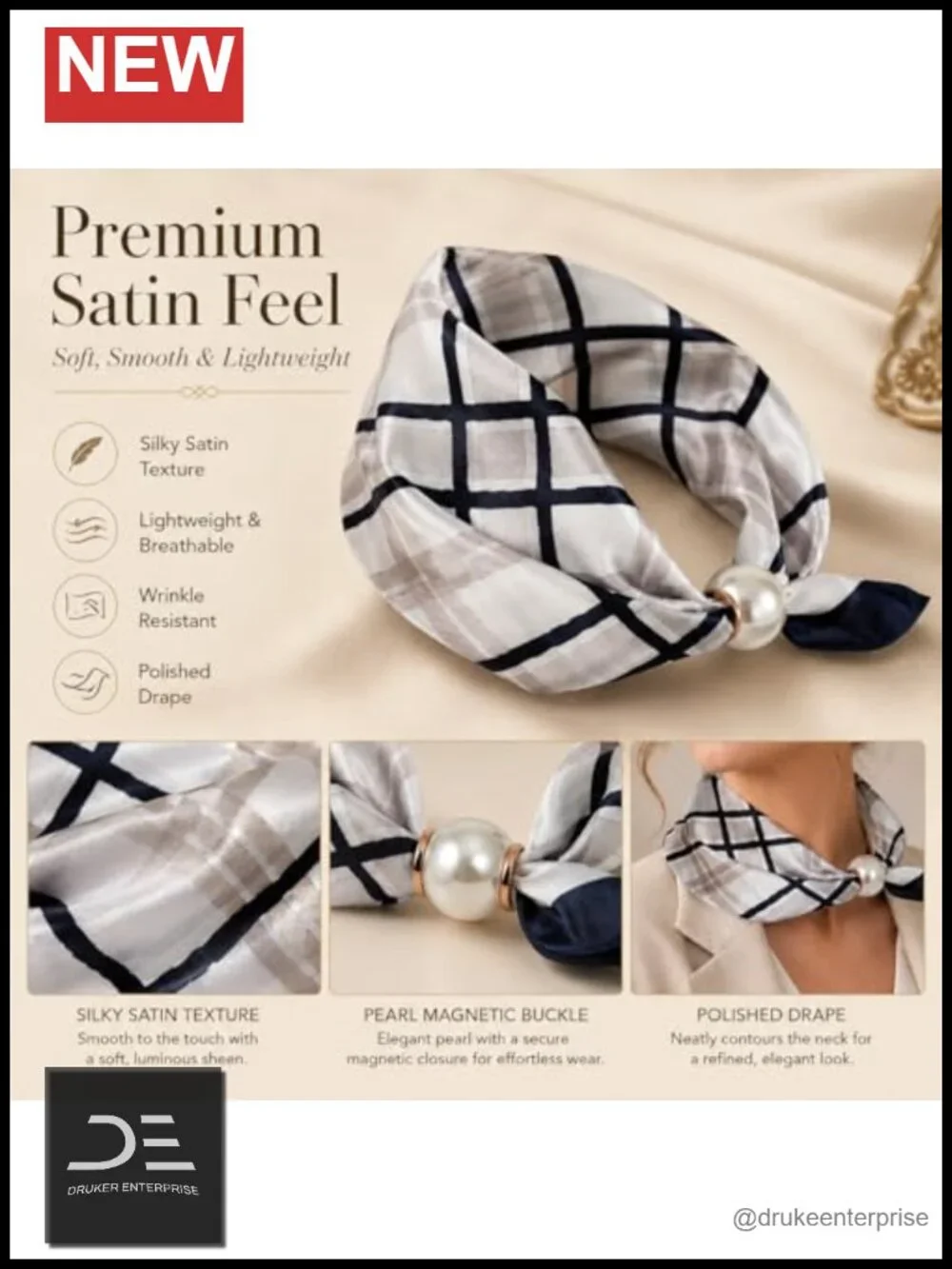 Magnetic Buckle Satin Scarf with Pearl Charm - Retro Floral Scarf, Multi-Way